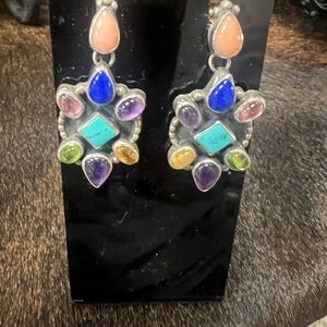 Stamped Sterling Silver Earrings  Gemstones Native Turquoise Lapis Amethyst